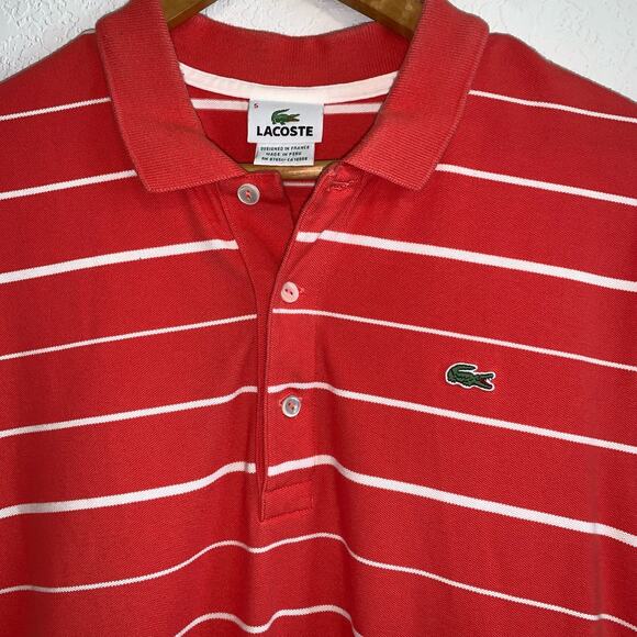 Lacoste Coral Red and White Striped Polo Shirt - Picture 2 of 4